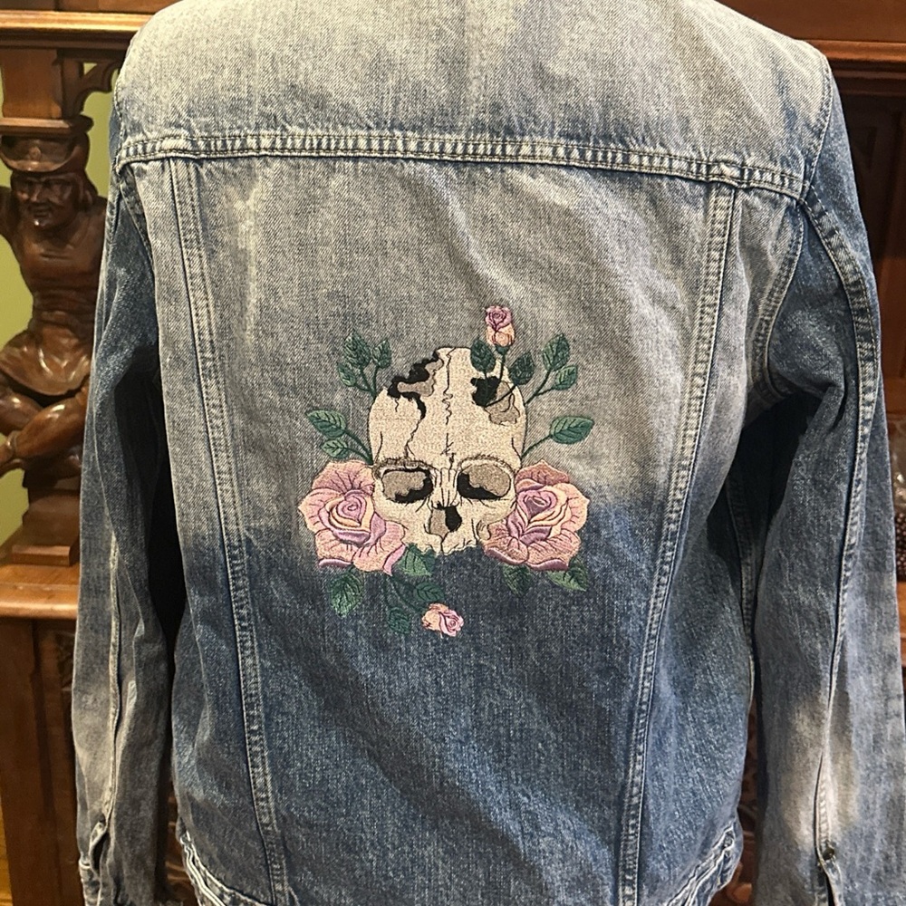 Aeropostale Blue Denim Jacket With Custom Skull and Roses Embroidery